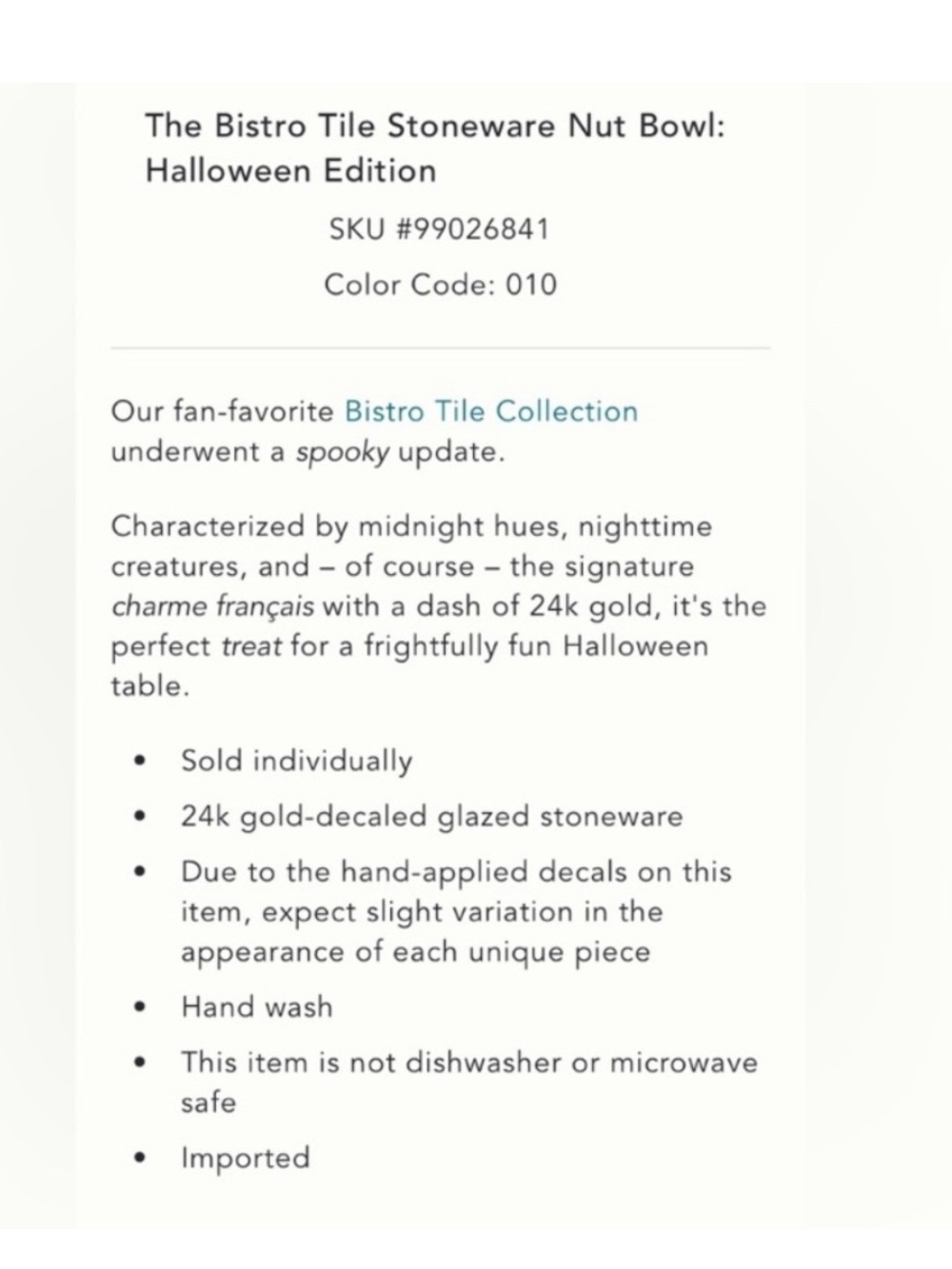 Anthropologie The Bistro Tile
Stoneware Nut Bowl:
Halloween Edition  "GHOULISH" - Picture 4 of 9